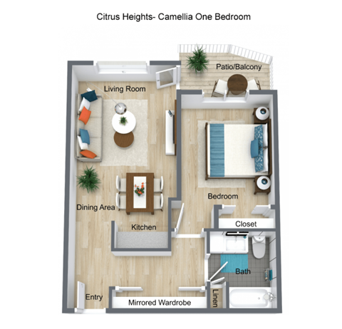 Floor plan for 1 bed, 1 bath, 515 sqft